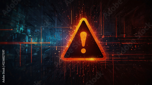 Abstract red digital background with a vivid orange exclamation sign inside a warning triangle symbol. Place this symbol prominently on a futuristic cyber grid