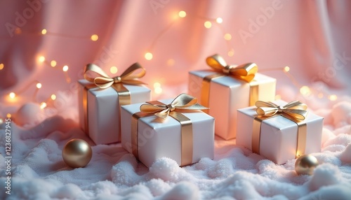 Festive gift boxes arrangement holiday celebration photography cozy indoor setting close-up view joyful atmosphere
