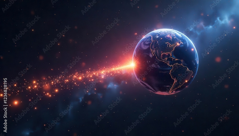 Obraz premium Cosmic collision event earth under intergalactic impact space digital art futuristic panoramic view sci-fi concept