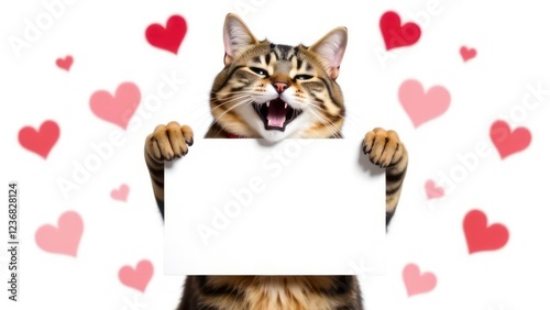 create a humorous image of a happy cat, holding up an empty sign. The cat is clearly exhausted. The background is white, Perfect composition, highly detailed, many red hearts around