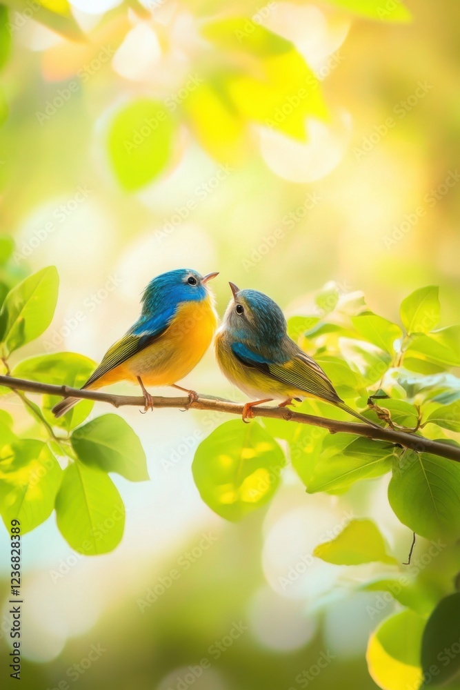 Obraz premium Colorful birds finding peace among vibrant spring leaves in a tranquil setting