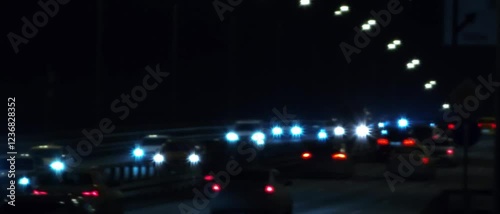 Blurred background of rush hour traffic in a vibrant night city, glowing with bokeh lights and motion. Perfect for urban, transportation, and nightlife themes photo