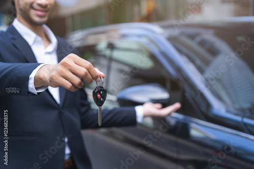 Business car rental, sell or buy service, dealership hand of agent dealer, sale man giving auto key of vehicle to customer renter, buyer receiving, client or tenant, transfer automobile.