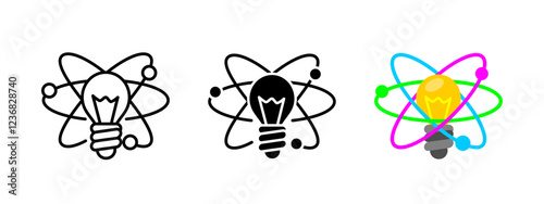 Creativity icon. Light bulb with orbits vector illustration. Innovation and inspiration symbol. Imagination pictogram. Scientific research sign. Brainstorming, thinking and invention lightbulb concept