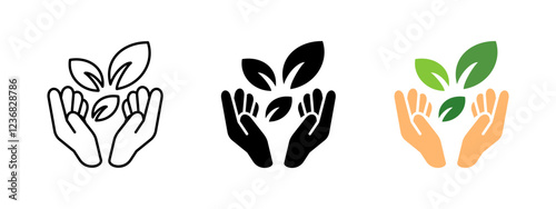 Hands with leaf icon. Natural and organic product label vector illustration. Ecological recyclable product emblem. Ecology environment care symbol. Nature conservation sign. Hand with leaves pictogram