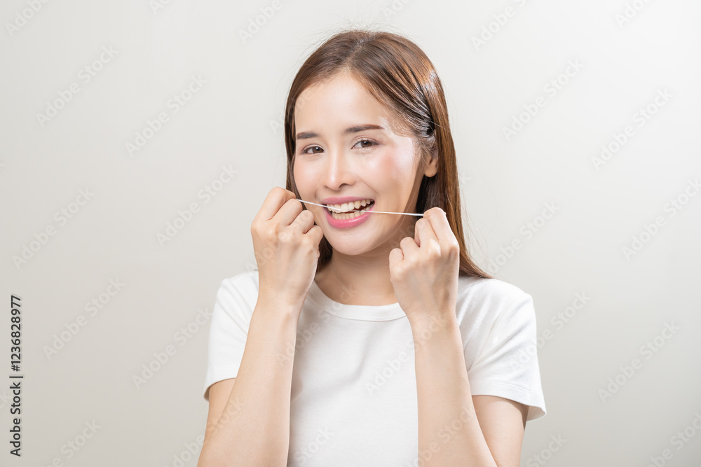 Flossing teeth, dental care hygiene concept, asian young woman flossing teeth with dental floss, smile happy with perfect white teeth, using tooth floss cleaning, healthy teeth isolated on background. Flossing teeth, dental care hygiene concept, asian young woman flossing teeth with dental floss, smile happy with perfect white teeth, using tooth floss cleaning, healthy teeth isolated on background.