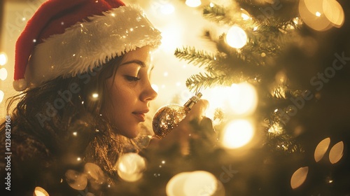 woman decorating christmas tree with ornament photo