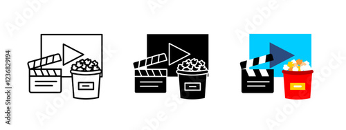 Movie icon. Cinema film premier vector. Entertainment theater illustration. Film reel symbol. Popcorn design. Projector screen graphic. Camera clapperboard art. Multimedia festival premiere image.