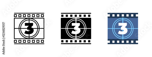 Movie countdown icon. Classic film leader vector illustration. Retro cinema frame symbol. Vintage countdown reel design. Timer projection tape image. Media projector concept.