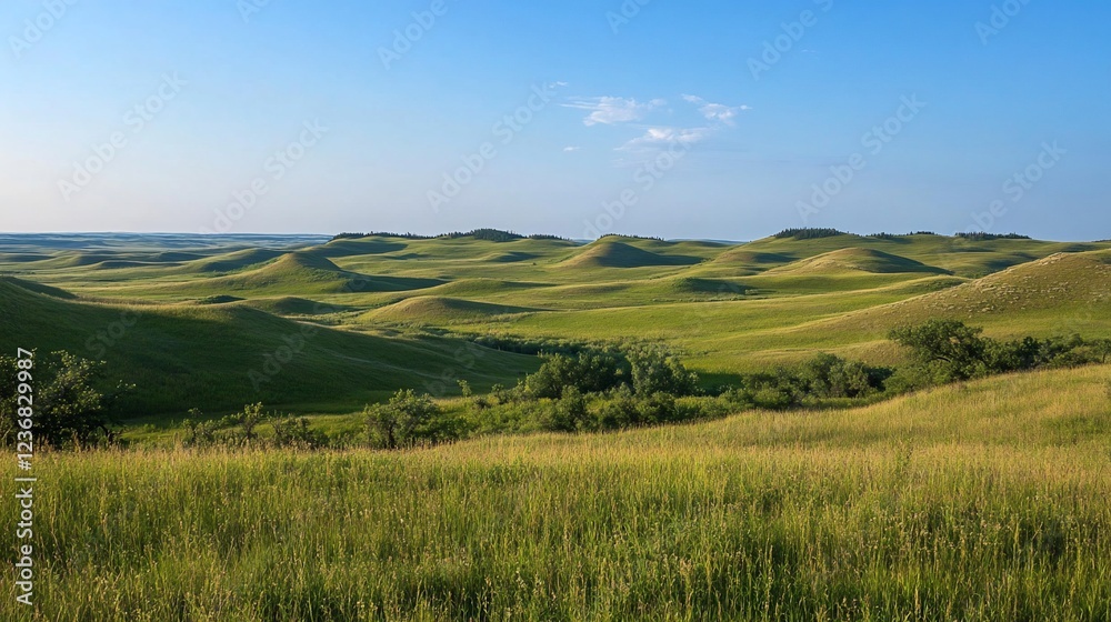 Serene Rolling Hills of the Prairie: A Vast Expanse of Green Under a Summer Sky Serene Rolling Hills of the Prairie: A Vast Expanse of Green Under a Summer Sky