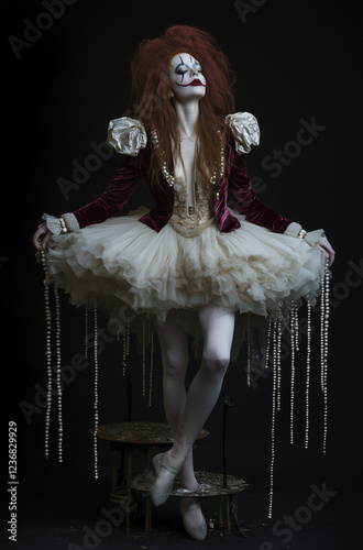 A beautiful female circus ringleader with porcelain-like makeup, wearing origami costume, stands on stage surrounded by hanging glass droplets, against a black background. photo