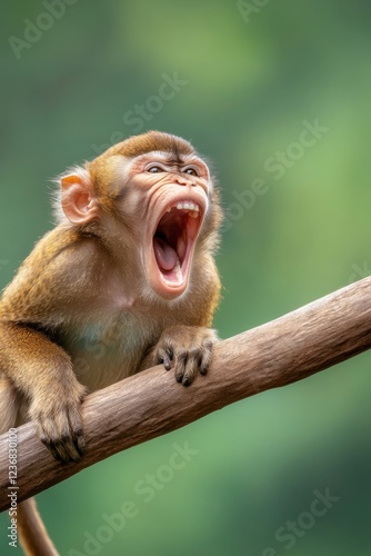 Volatile emotions of a monkey captured in a playful moment of hilarity and unexpected rage amid a lush green backdrop