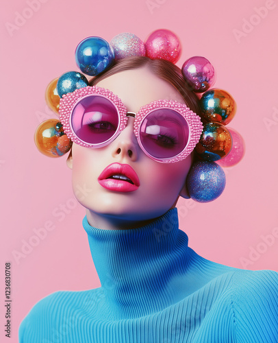 An enchanting woman with vibrant pink lipstick, wearing a  round sunglasses adorned with colorful  balls, against a  pink background.Minimal ceative fashion concept with copy space. photo