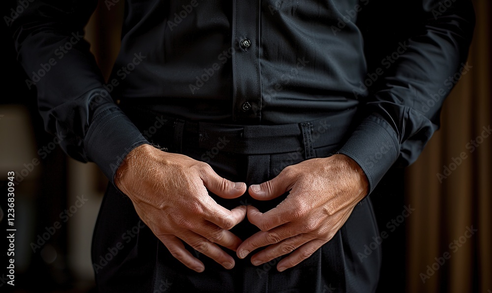 Fototapeta premium Man Holds Hands The Groin Area 