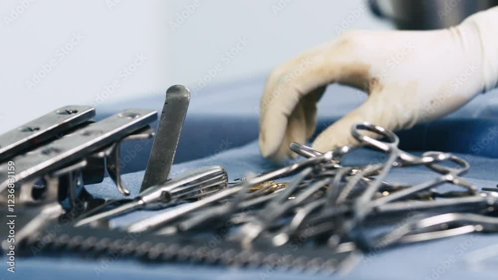 Sterile, prepared surgical instruments neatly arranged on a sterile table. Concept: high standards of safety and quality in medicine for successful procedures. Sterile, prepared surgical instruments neatly arranged on a sterile table. Concept: high standards of safety and quality in medicine for successful procedures.