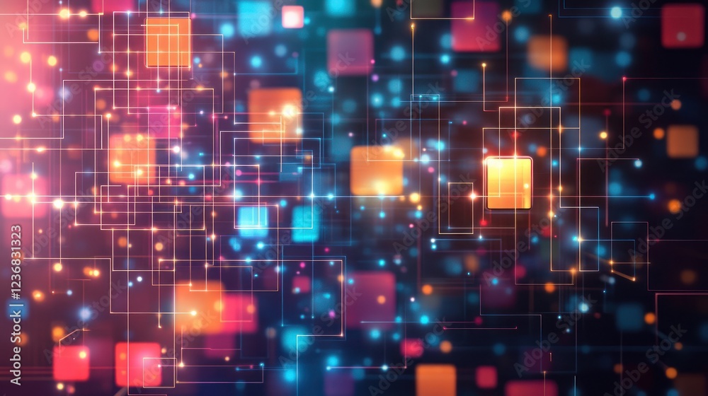 Colorful squares linked by lines, glowing in a dark space for tech, web, and digital use Colorful squares linked by lines, glowing in a dark space for tech, web, and digital use