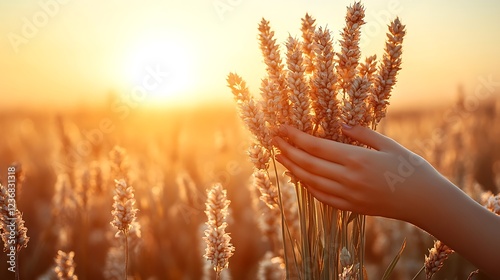 Womans hand holding wheat sunset