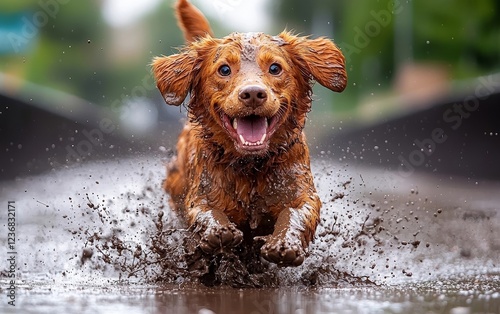 Exhilarated Dog Splattered in Mud After Joyful Field Romp Wagging Tail