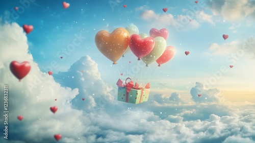 Whimsical heart shaped balloons carrying colorful gifts in a dreamy sky full of fluffy clouds photo