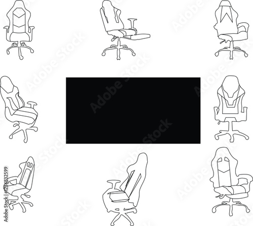 Gaming Chairs in a Circle: Outlines of sleek, ergonomic gaming chairs arranged in a circle around a dark rectangle, perfect for showcasing design and variety in a tech-focused context.