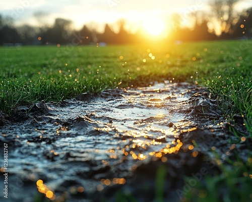 Muddy Soccer Field After Rainstorm with Puddles and Cleat Marks