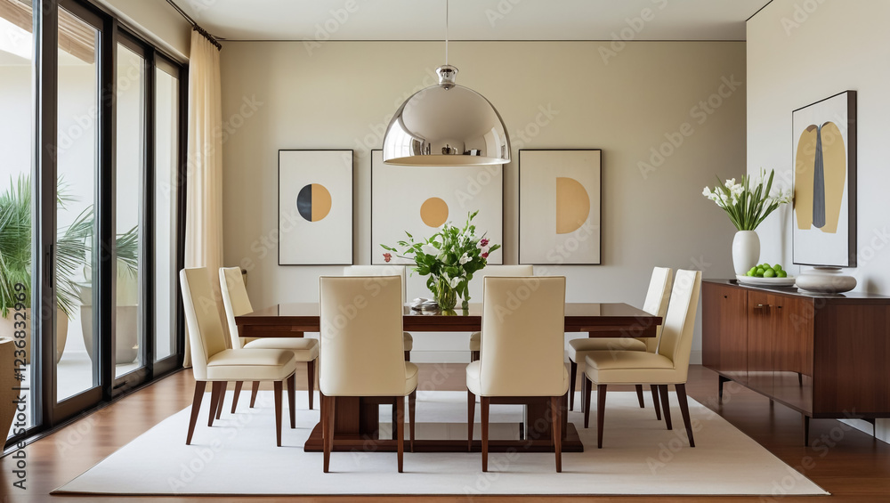 Modern dining room designed as a combination of wood and light finishes. 3D illustration Modern dining room designed as a combination of wood and light finishes. 3D illustration