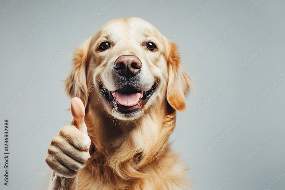 the dog smiles and shows an approving thumb up. Wide banner with copy space. plain color background. the dog smiles and shows an approving thumb up. Wide banner with copy space. plain color background.