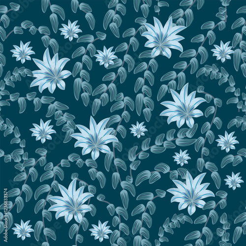 Vector seamless pattern with tropical flowers and leaves, jungle background. Botanical art illustration