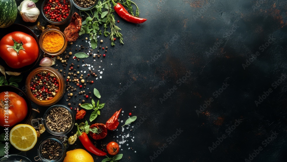 Fototapeta premium Vibrant spices, herbs, and vegetables arranged on a dark background with copy space.