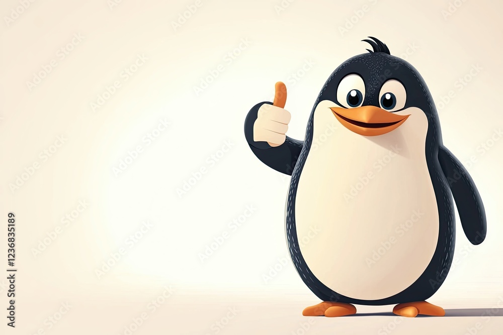 Fototapeta premium the penguin smiles and shows an approving thumbs up. Wide banner with copy space. cartoon look. plain color background