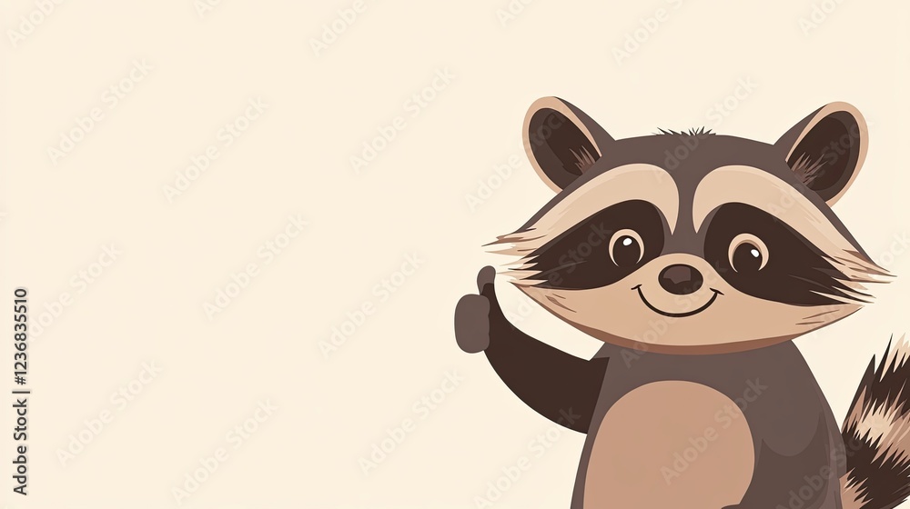 Obraz premium the raccoon smiles and shows an approving thumb up. Wide banner with copy space. plain color background
