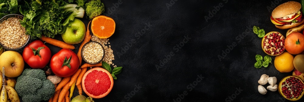 custom made wallpaper toronto digitalHealthy food choices fruits, vegetables, grains, and burger.