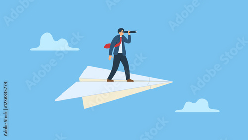 Businessman standing on flying paper plane while looking through binoculars to see business opportunities or strategy, discovery or visionary to look forward in business concept.