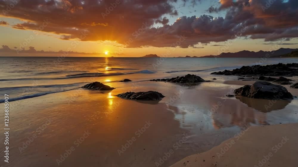 Sunset beach landscape, golden hour, rocky shoreline, reflective wet sand, dramatic cloudy sky, coastal mountains in distance Sunset beach landscape, golden hour, rocky shoreline, reflective wet sand, dramatic cloudy sky, coastal mountains in distance