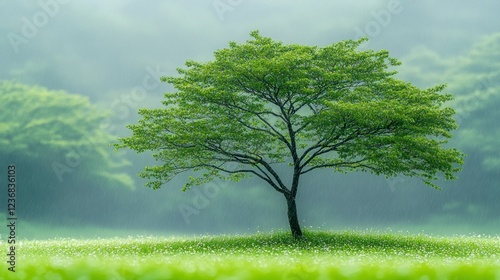 Lonely tree in a misty rain-soaked meadow photo