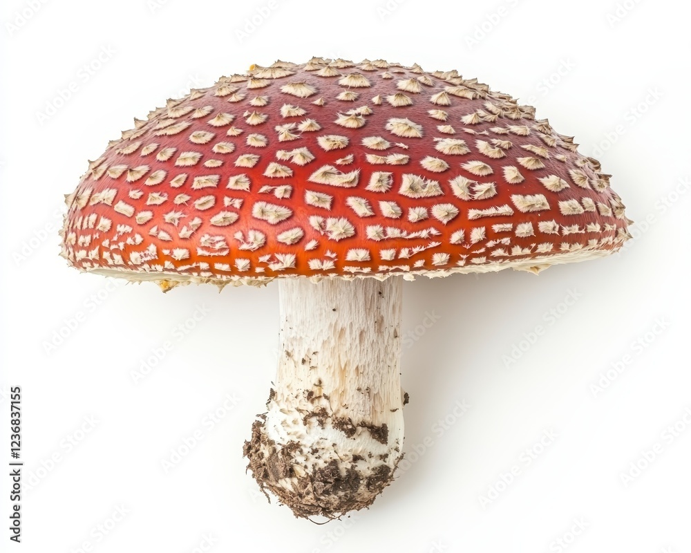 Overhead studio shot of a single red mushroom with white spots against a white background. The mushroom has a broad cap and a slender stem Overhead studio shot of a single red mushroom with white spots against a white background. The mushroom has a broad cap and a slender stem