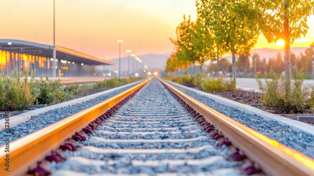 Fototapeta premium Train tracks sunset station journey travel
