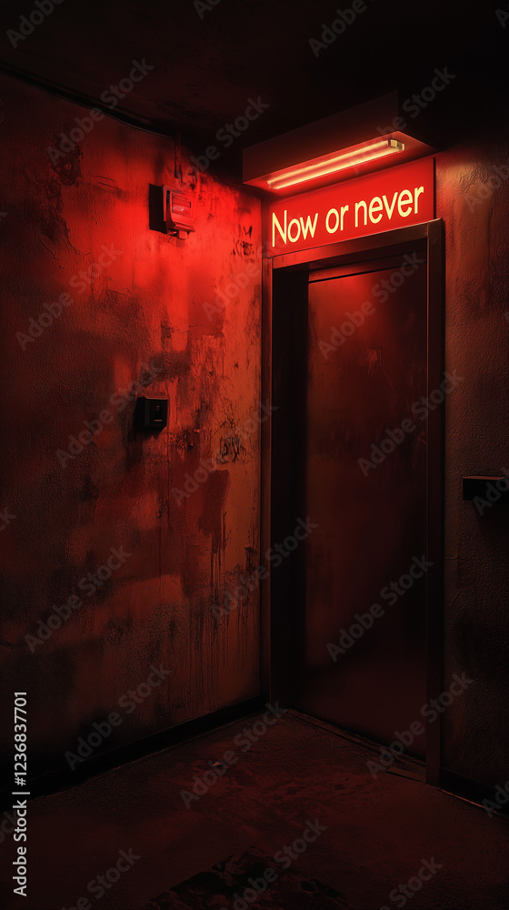 Graffiti on the wall of an elevator that says 'Now or Never' in red paint, with a dark aesthetic. Graffiti on the wall of an elevator that says 'Now or Never' in red paint, with a dark aesthetic.