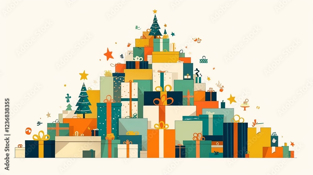 Fototapeta premium A cheerful vector illustration of a pile of gifts with bright colors on a white background, perfect for celebrating special events like Mother's Day or Father's Day.