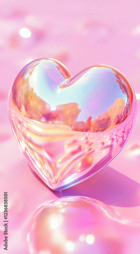 Fototapeta premium Shiny, iridescent heart against pastel pink background.Minimal creative Valentine's holiday concept.Copy space,flat lay 
