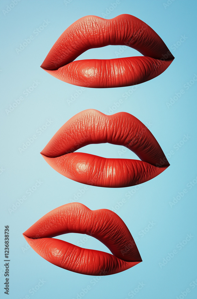 Obraz premium Red lips floating in the air, placed against a blue background. Minimal creative fashion advertisement and makeup concept. Advertisement for beauty salons and aesthetic surgeries.Copy space,flat lay