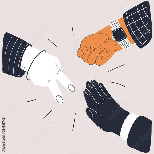 Cartoon vector illustration of three hands exchanging money, symbolizing collaboration, trade, and economic exchange
