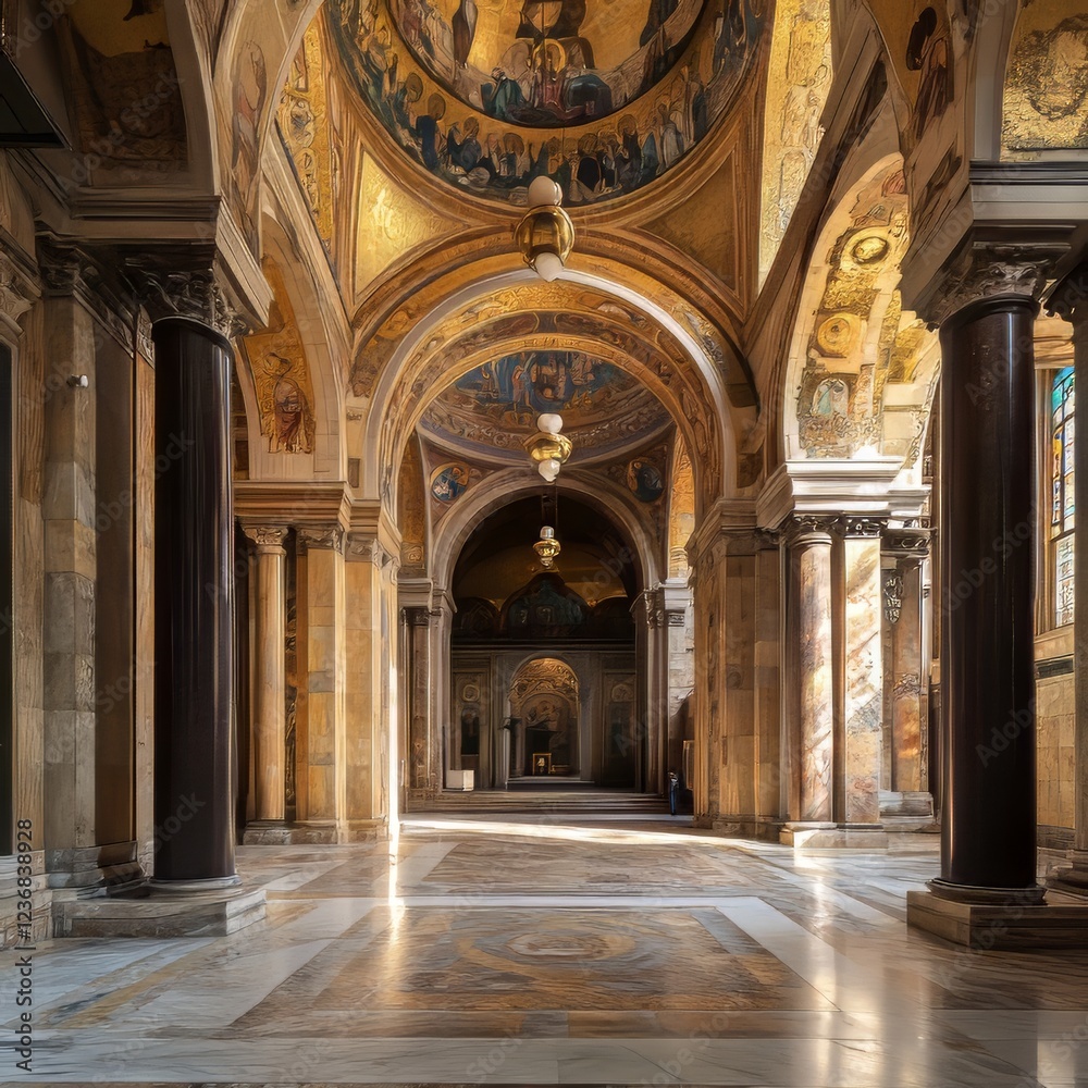 Sunlit church aisle with ornate details Sunlit church aisle with ornate details