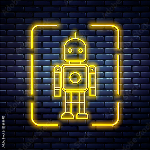 Retro style yellow neon vector icon robot scanning illustration, working robot, process, computer and technologies.