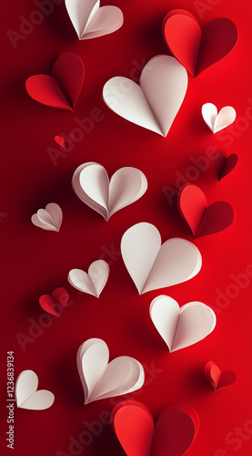 Happy Valentine's Day mobile wallpaper with a red background and white paper-cut hearts.Minimal creative holiday concept.Copy space,flat lay