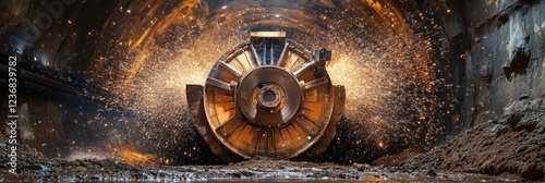 A tunnel boring machine cuts through rock, creating sparks and debris in a dark underground environment.