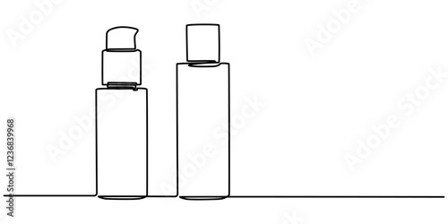 cosmetics bottle set continuous one line drawing, Cosmetics set outline. Cream tubes makeup continuous one line drawing. Face care items. Decorative product cosmetics on blue background, Aromatherapy.