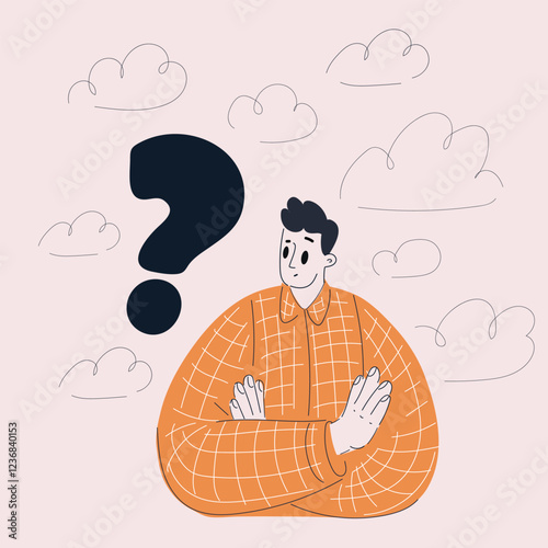 Cartoon vector illustration of a man with a question mark next to him, symbolizing curiosity, confusion, and the quest for answers