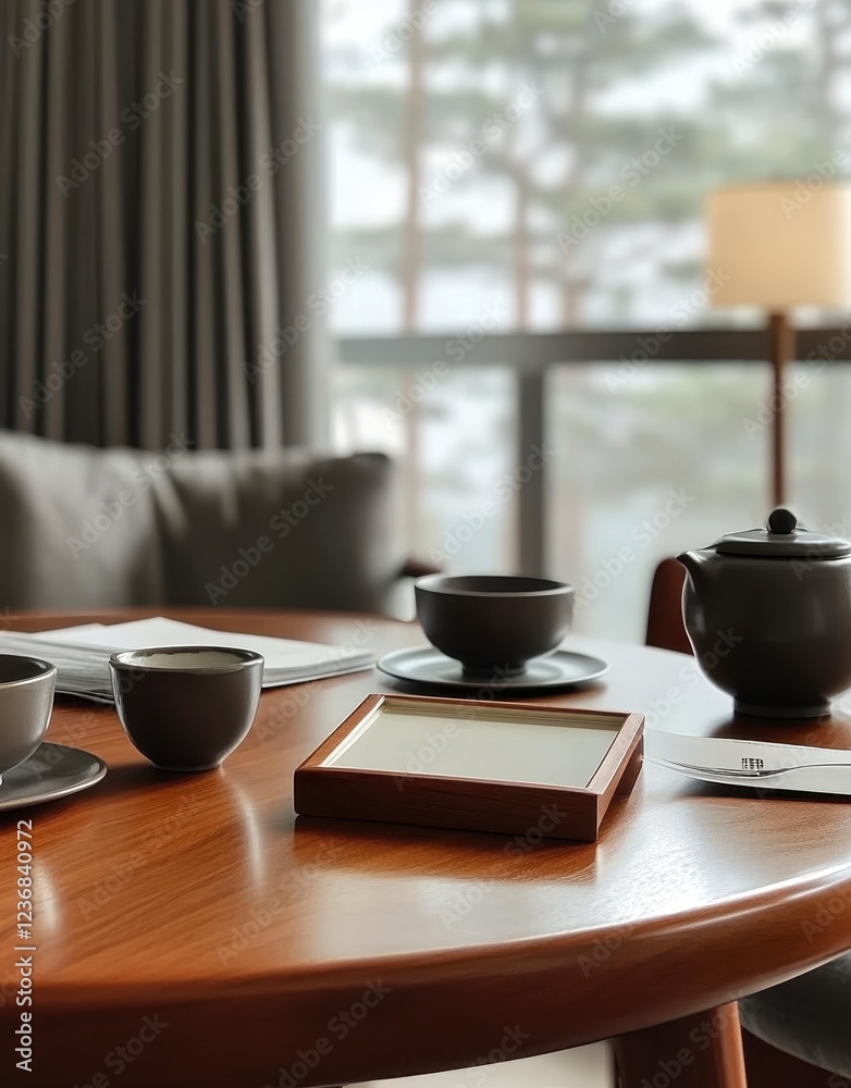 Serene tea setting on a polished wooden table near a window overlooking a tranquil landscape. Gray teacups and teapot, soft lighting Serene tea setting on a polished wooden table near a window overlooking a tranquil landscape. Gray teacups and teapot, soft lighting