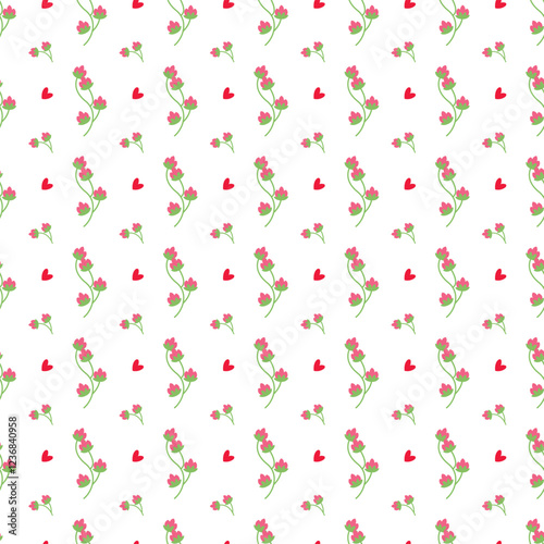 Playful Floral and Heart Pattern with Pink and Red Accents